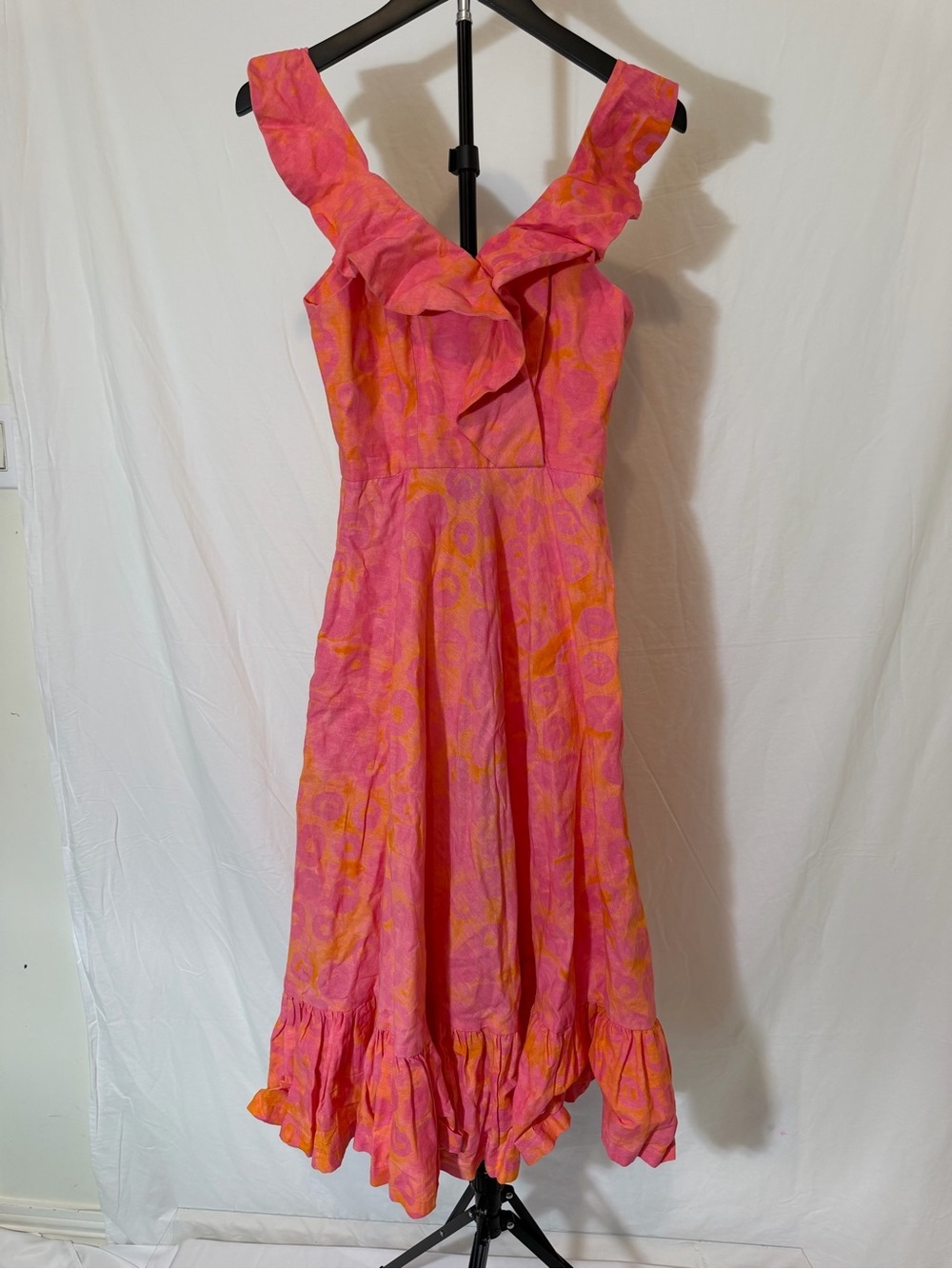 Cybil Tiered Fit & Flare Dress | Pink & Orange Abstract Print | Size 6